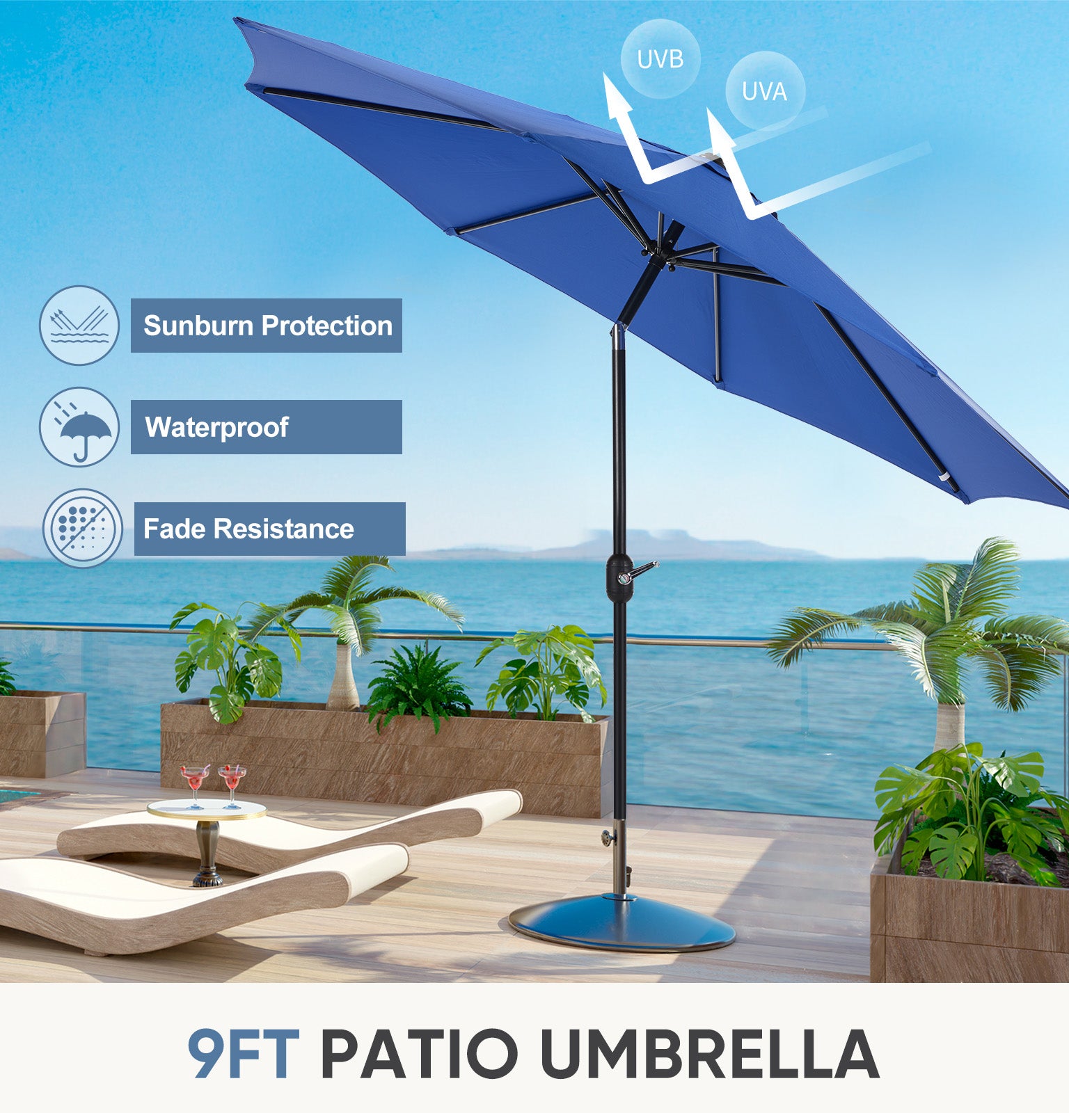 ZUNMOS 9FT Patio Umbrella with Push Button Tilt and Crank, with 8 Sturdy Ribs,Outdoor Umbrella, Pool Umbrella, for Market, Terrace, Beach, Outdoor Restaurant