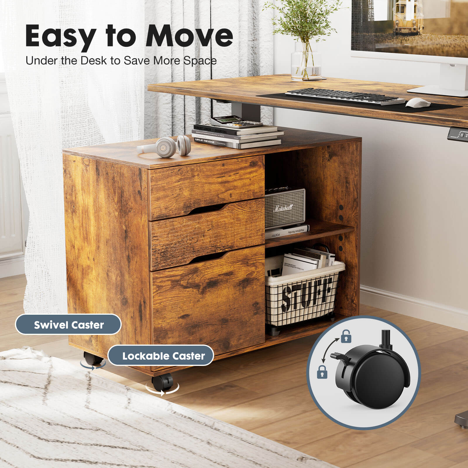 edx Lateral File Cabinet - with 3 Drawers, Rolling Wooden File Storage Drawer, Black Printer Stand Under Desk Organiser for Office, Home