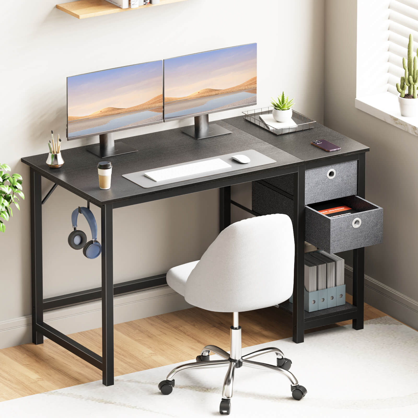 edx Computer Desk -40/47/55 inch Desk Study Desk with 2 Drawer Storage Shelf Headphone Hook for Bedroom, Game Room, Office, Living Room