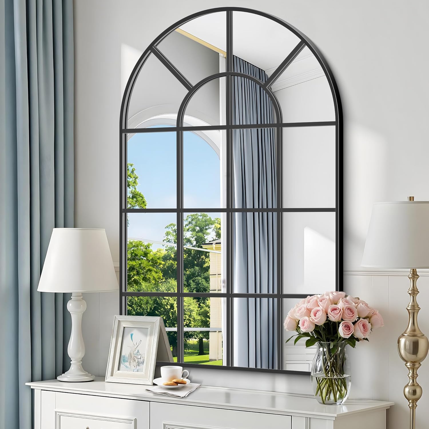 EDX Arched Windowpane Mirror, Wall Decor Art Mirror for Livingroom Bathroom Entryway, Black