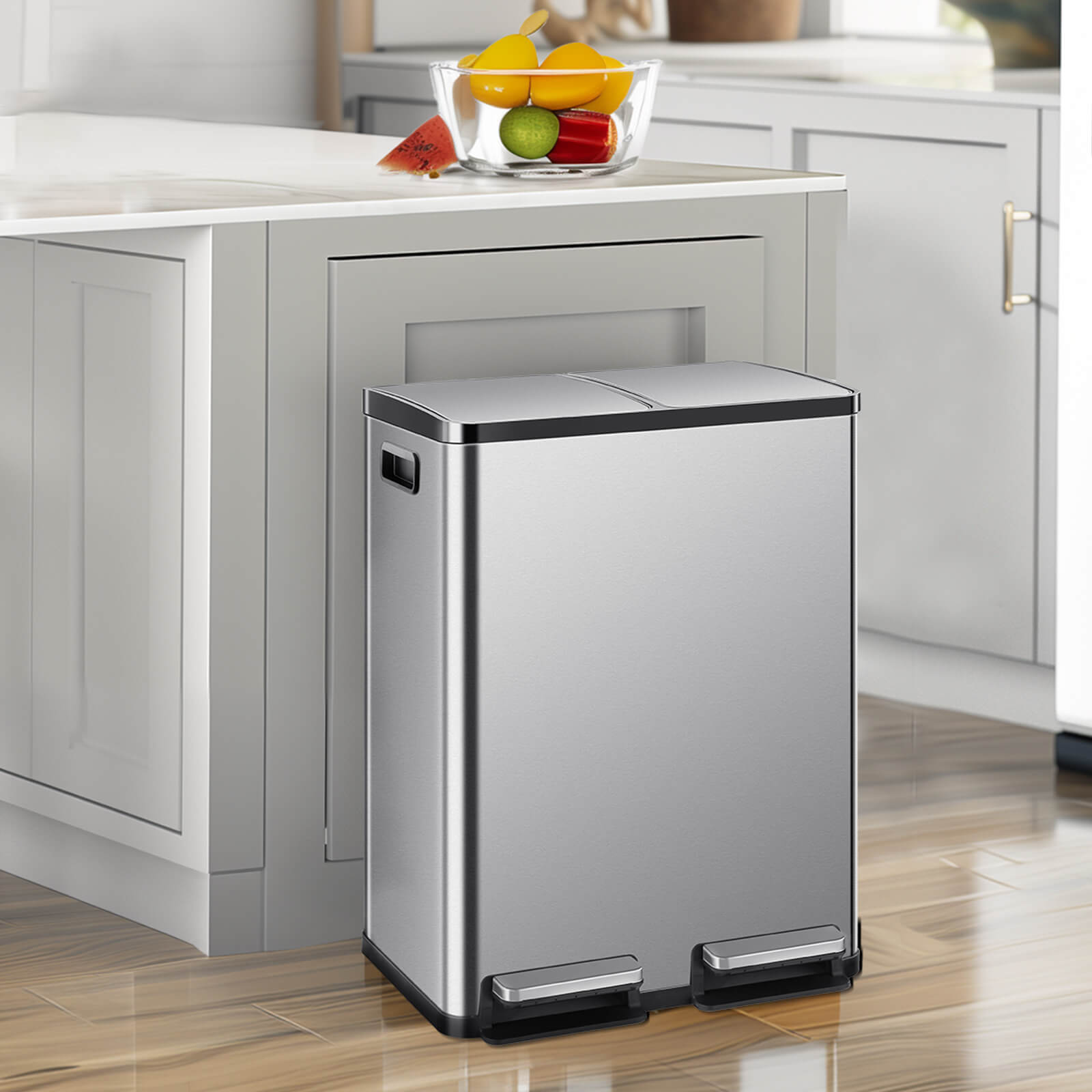 EDX Kitchen Stainless Steel Waste Bin with Lid with Soft-Close Foot Pedal and Removable Inner Bin for Bathrooms, Bedrooms and Home Offices