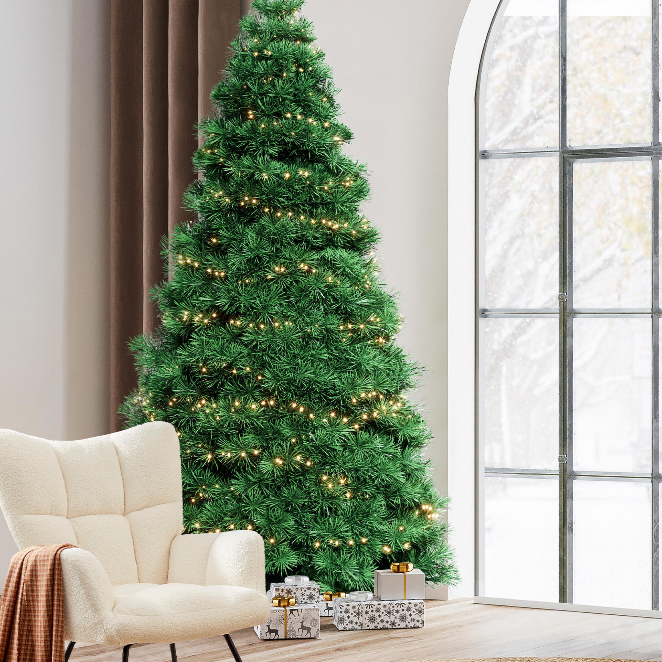 EDX Pre-Light Artificial Christmas Tree, Hinged Green Artificial Spruce Tree with Branch Tips, Incandescent Bulbs, and Foldable Base—Ideal for Home, Office, and Party Decorations