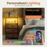 edx 3 Fabric Drawers Nightstand with Charging Station & USB/Type-C Ports and Outlets, Variable Light Strip Bedside End Table with Adjustable Feet for Bedroom, Rust Brown