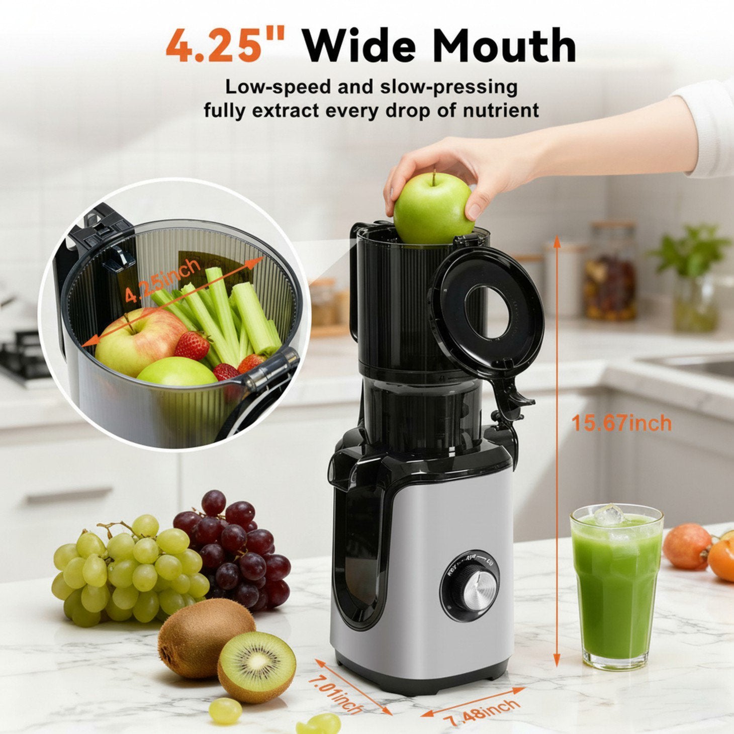 edx Cold Press Juicer, 4.25" Wide Feed Chute, 200W Slow Grinding Juicer, Accommodates Whole Fruits and Vegetables, High Juice Yield