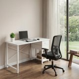 EDX Computer Desk with 2 Drawers 47 Inch PC Table Study Writing Desk with Storage Shelf Headphone Hook, Simple Style Small Desk for Home, White