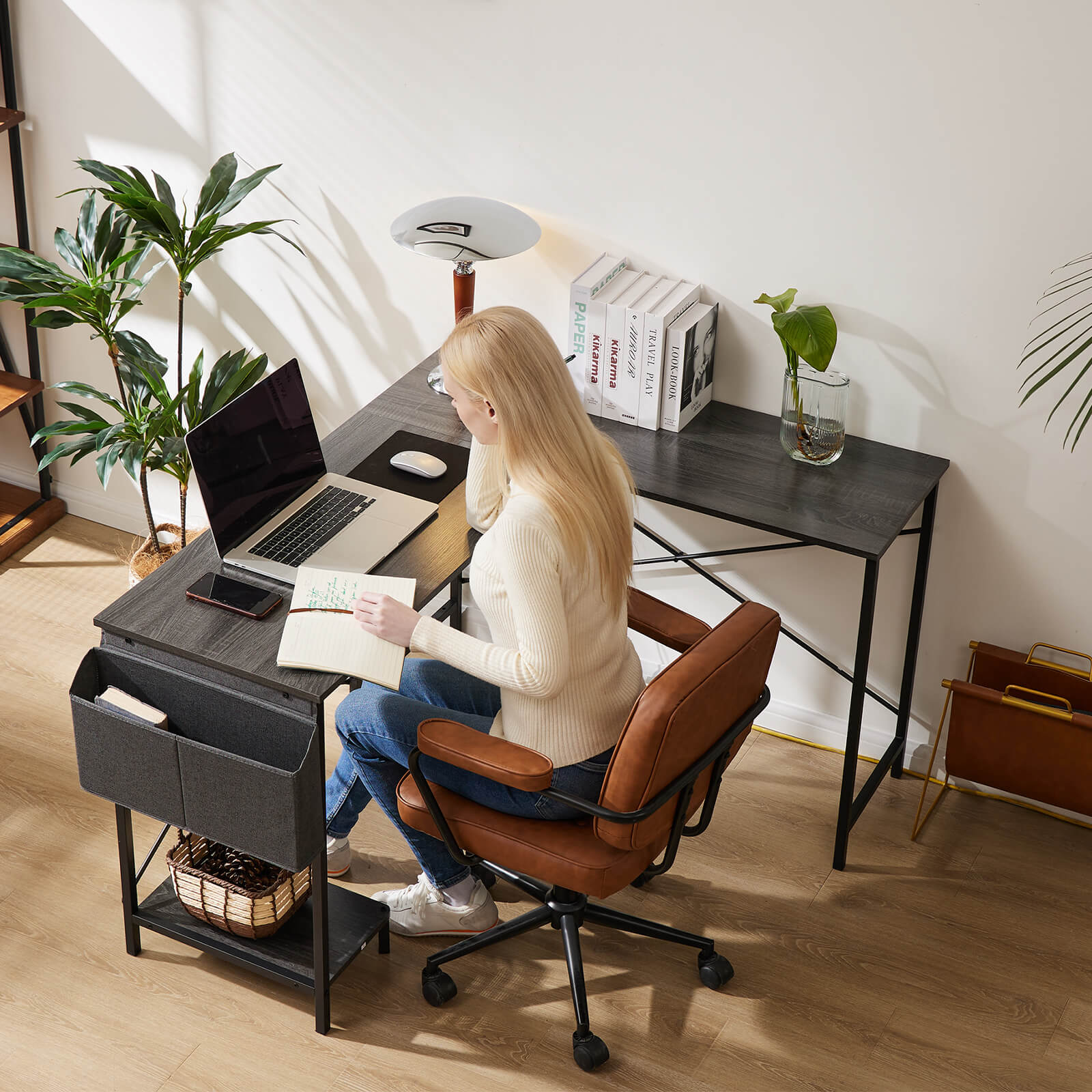 edx L-Shaped Computer Desk - 50" Corner Gaming Table with Console Shelf and Side Storage Pocket for Office, Bedroom, Living Room