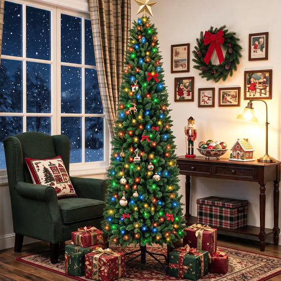 edx Pre-lit Snow Flocked Pencil Christmas Tree, Prelighted Artificial Slim Christmas Trees, With LED Lights, Branch Tips & Foldable Base, For Home, Office, Party Decoration