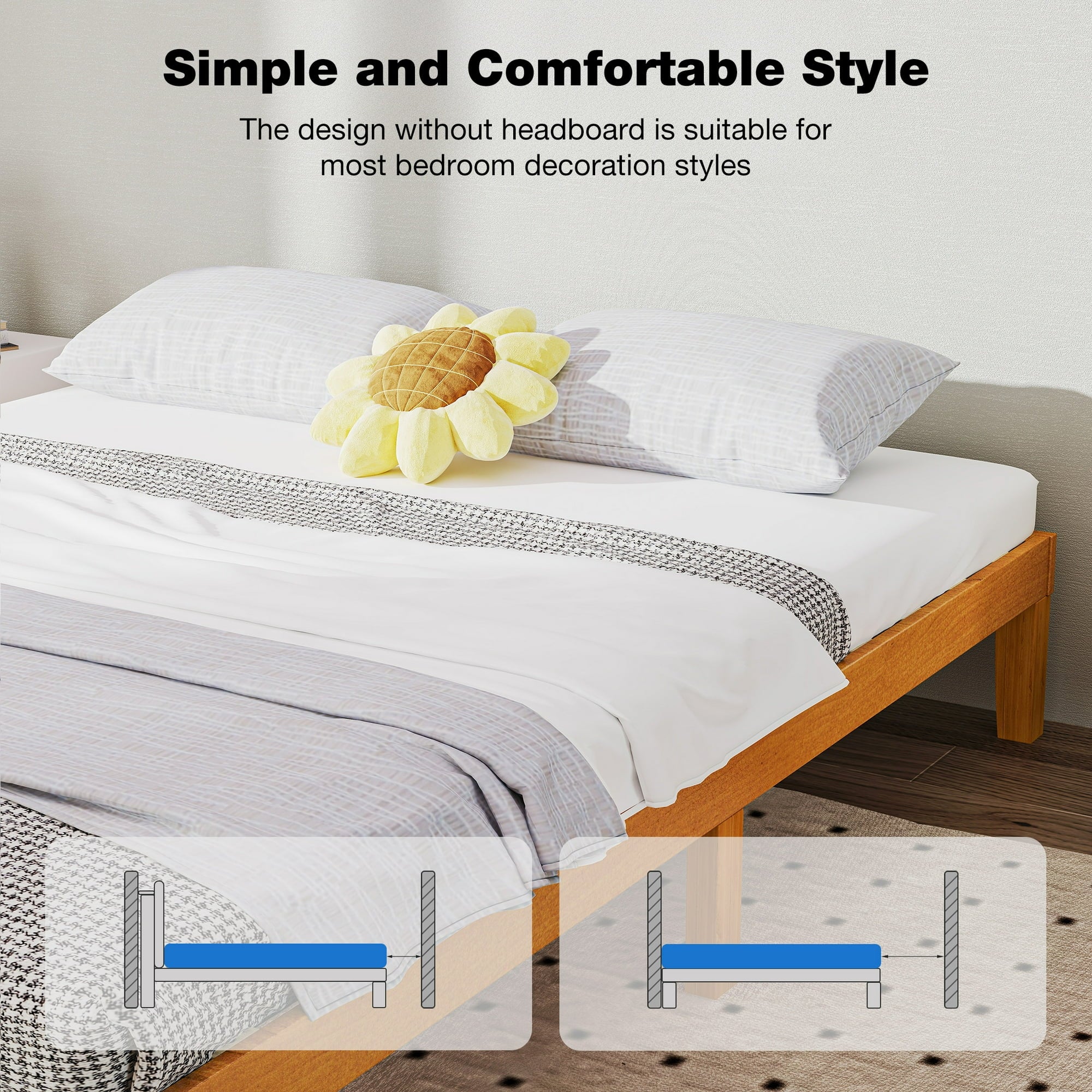 ZUNMOS 12 IN Size Solid Wood Bed Frame with Wood Slat Support, Sturdy, No Box Spring Needed, Natural Pine