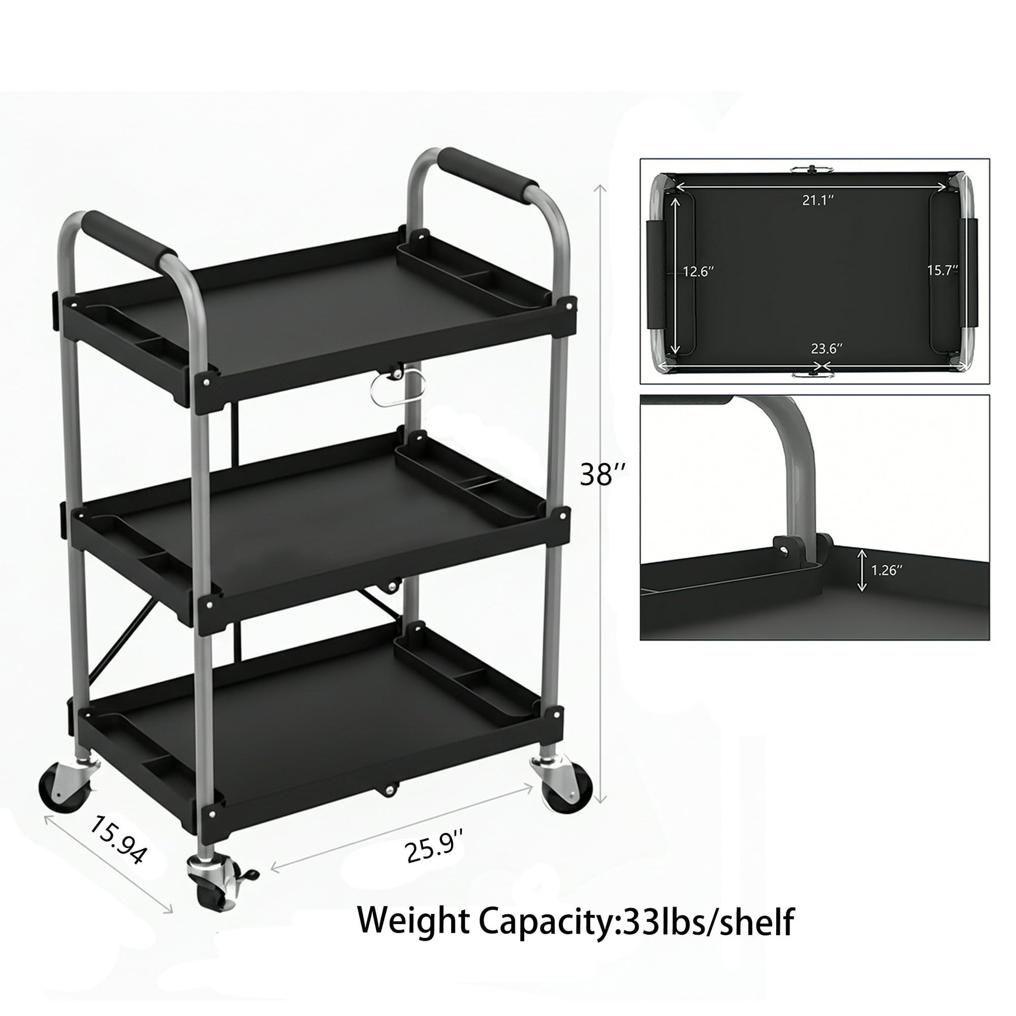 EDX 3-Tier Portable Utility Cart with Wheels, Heavy Duty Collapsible Cart for Home, Office, and Storage, 33 lbs per Shelf,Black