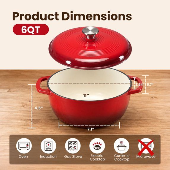 edx 6QT Enamel Cast Iron Dutch Oven with Lid, 11 Inch Heavy-Duty Non Stick Casserole Pot Safe up to 500° F Kitchen Essentials Bread Baking, Braising, Stews, Roasting