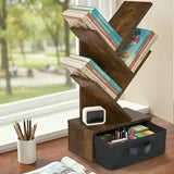 EDX Tree Bookshelf with Drawer,Tall Narrow Wood Bookcase for Living Room,Bedroom,Floor Standing Storage Shelf for Corner & Small Space,Rustic Brown