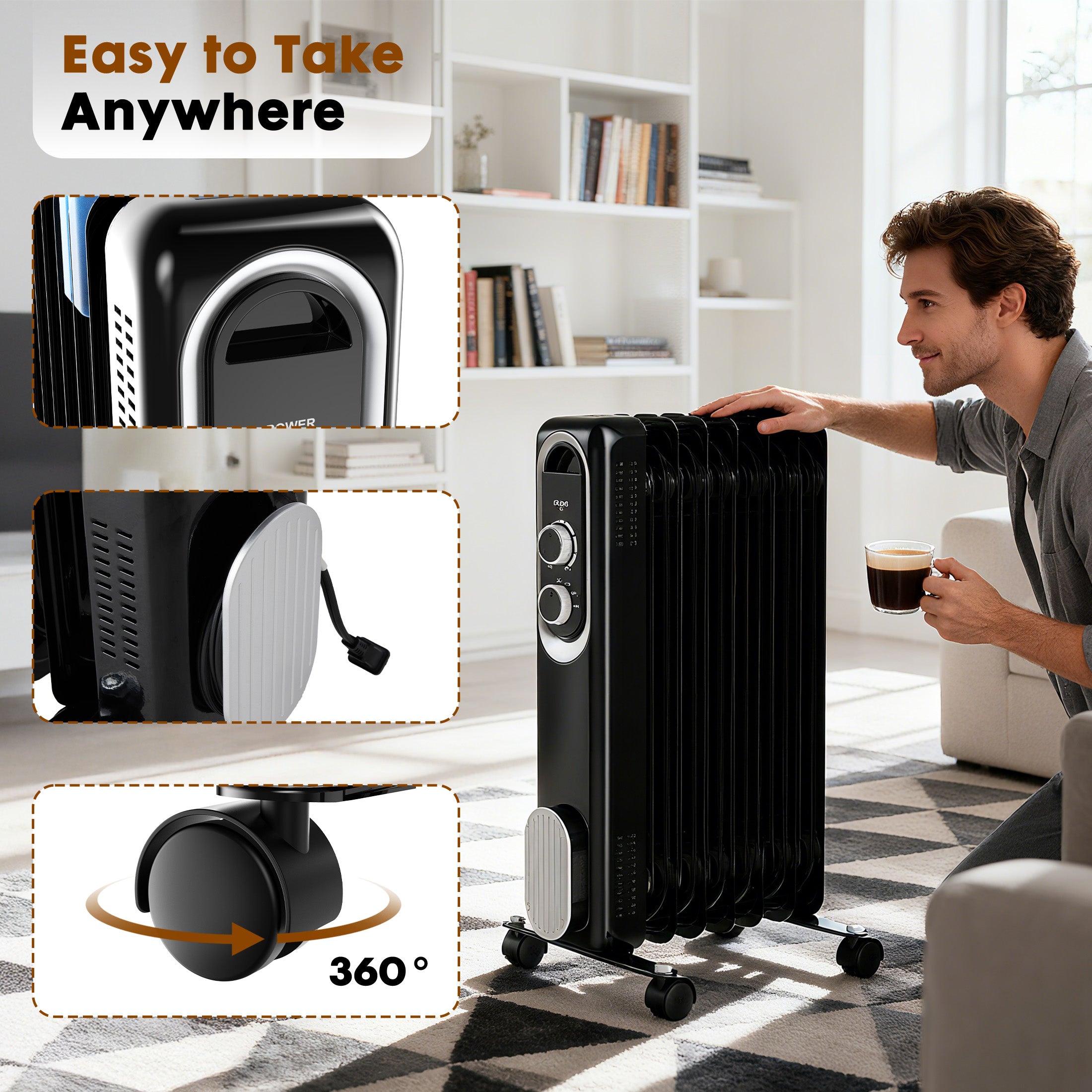 edx Basic Electric Oil Filled Radiator, 1500W Space Heater with Adjustable Thermostat, 22.83 x 11.81 x 4.92 in