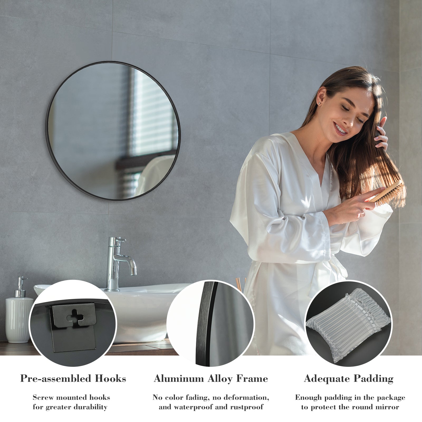Round Wall Mirror, Aluminum Alloy Frame, Over Sink Circle Mirror Round Vanity Mirror for Bathroom Living Room Entryway Bedroom