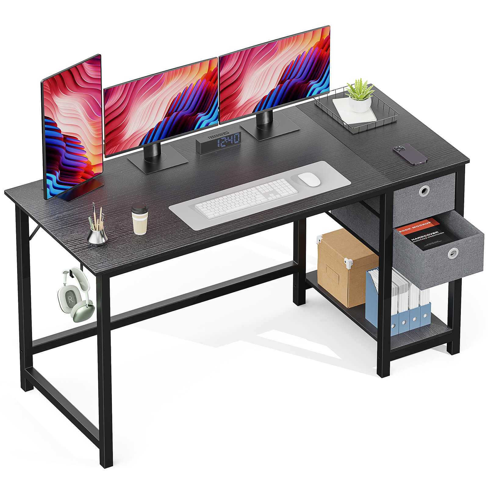 edx Computer Desk -40/47/55 inch Desk Study Desk with 2 Drawer Storage Shelf Headphone Hook for Bedroom, Game Room, Office, Living Room