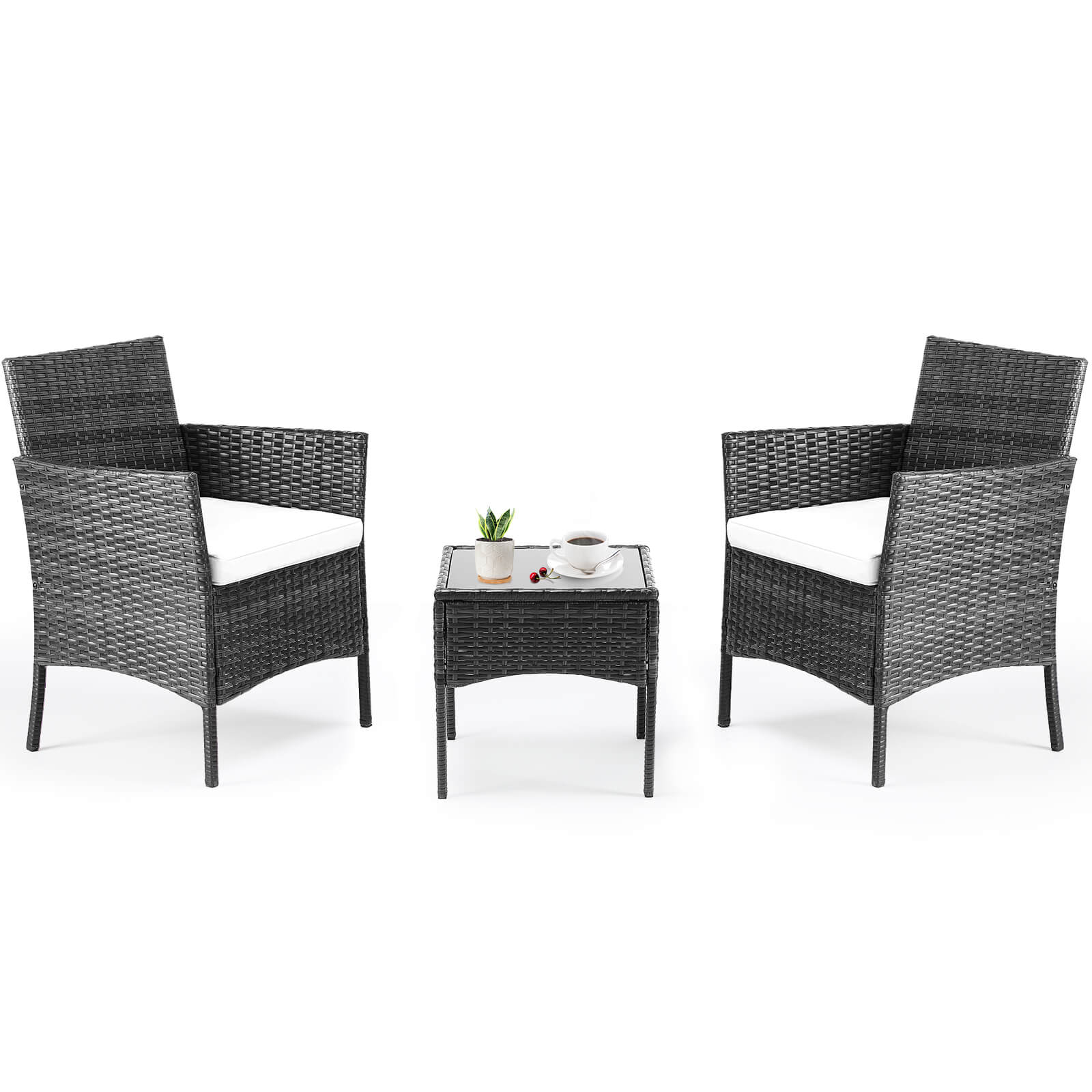 edx 3 Piece Patio Wicker Furniture Set , Patio Chair w/ Table w/ Cushions, Simple Modern Comfort