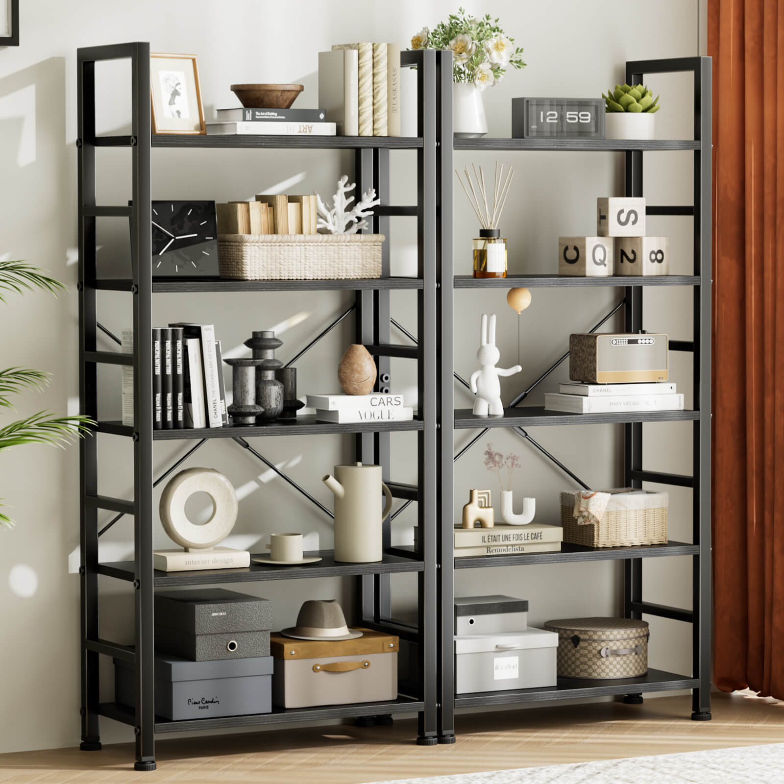 5-Tier Bookcase - Tall Bookshelf Modern Book Case for Books, Garage Kit, CDs, Movies, for Bedroom Home Office Kitchen Living Room