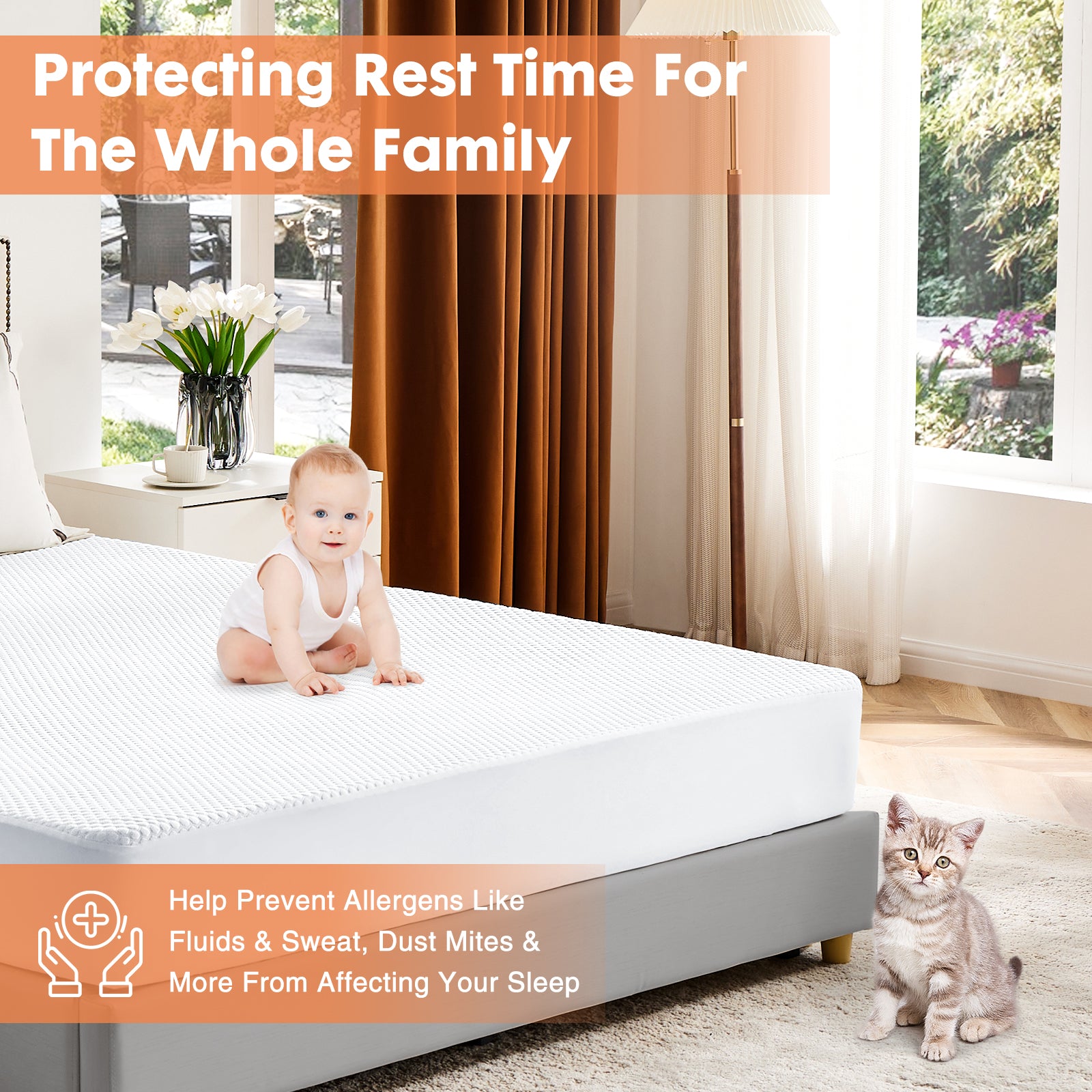 Mattress protector, waterproof mattress cover, soft, breathable, no noise, deep pockets, machine washable, white