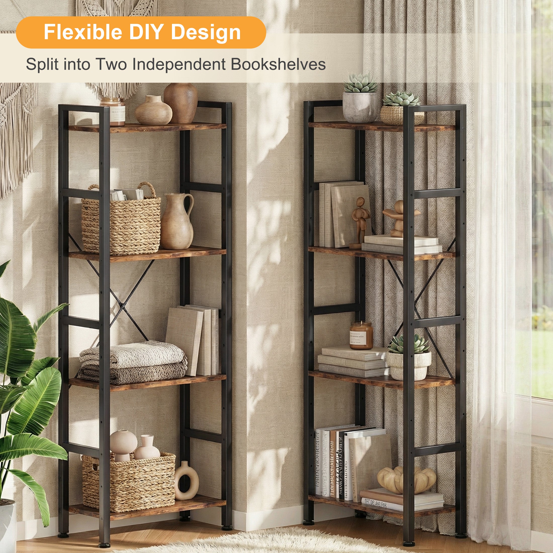 EDX Triple 4 Tier Bookshelf Storage Shelf, Modern Freestanding Bookcase with Metal Frame, Open Display Shelves, Space Saving Storage Organizer