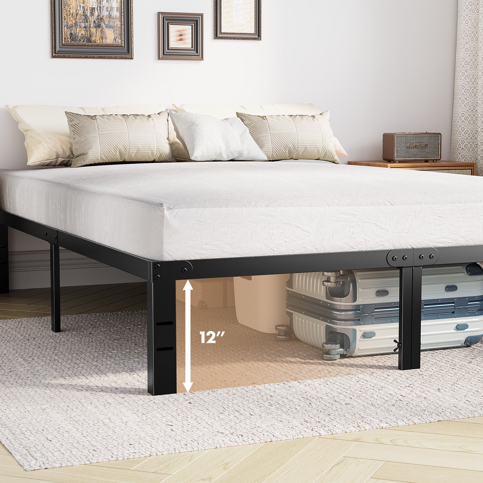 Bed Frame, Heavy Duty Metal Bed Frame with Underbed Storage, No Box Spring Required