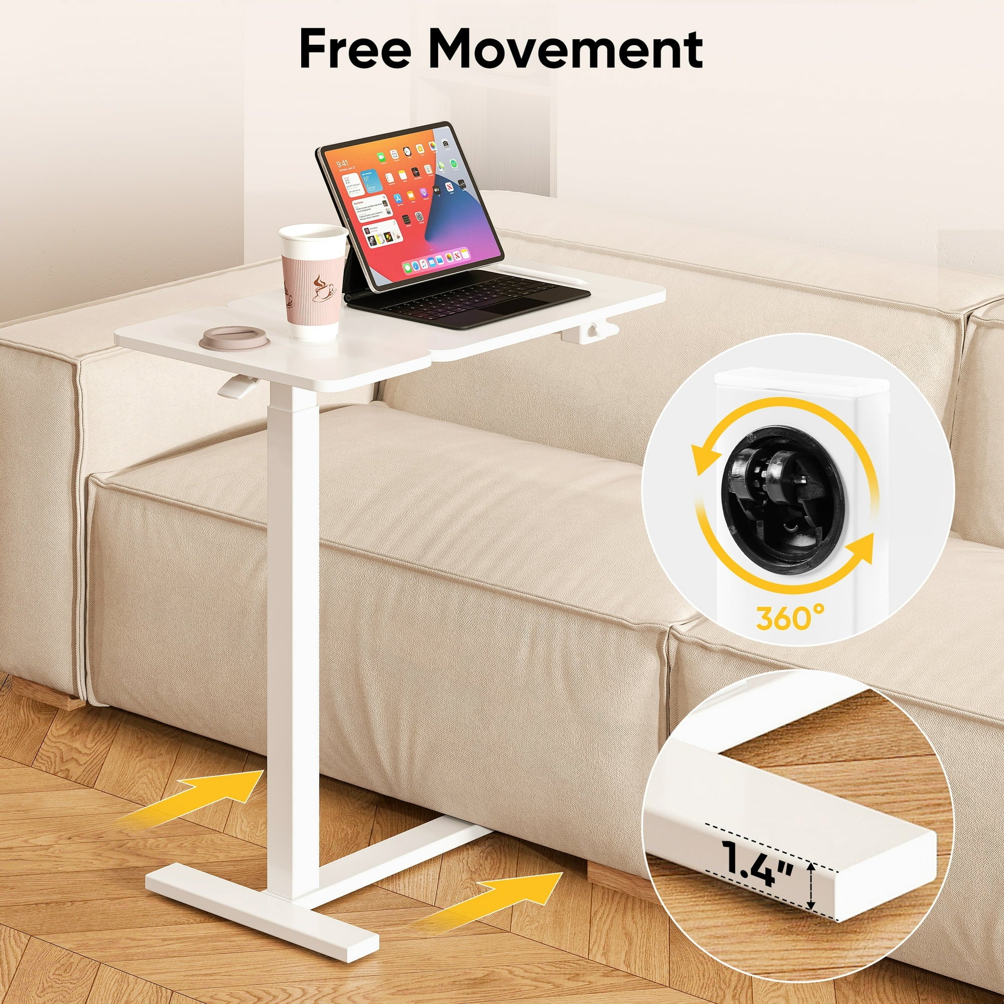 ZUNMOS Overbed Bedside Lap Desk with Wheels and Tilt Top, Mobile Standing Lap Desk Pneumatic Adjustable Height for Home Office Bedroom Sofa, White