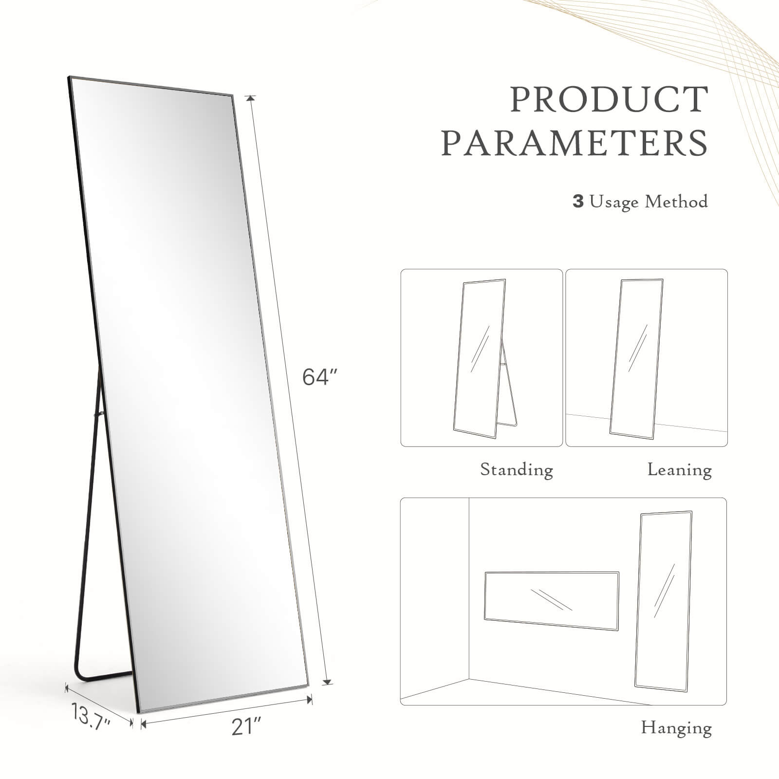 edx 71"x30" Arched Full Body Mirror Floor Mirror Standing Hanging or Leaning Wall with Stand Aluminum Alloy Thin Frame