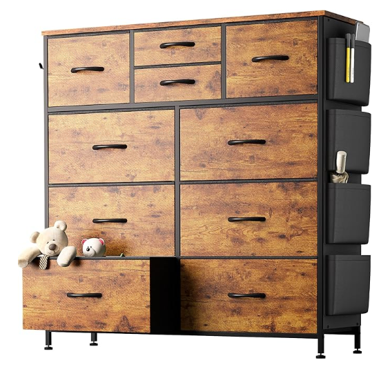 EDX Dresser Storage with 10 Drawers, Fabric Dresser Tower with Side Bag, Storage Unit for Bedroom, Closet, Office