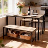 edx Dining Table and 2 Chairs for 4, Dining Bench with Metal Frame & Storage Rack, Space-Saving Ideal 4-Person Kitchen Table Set for Dinette, Small Space, Apartment, Restaurant