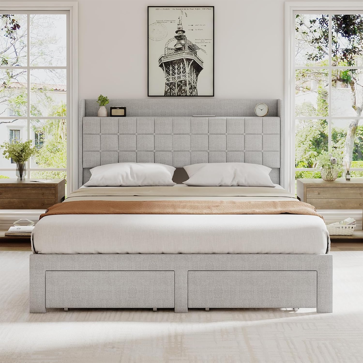 EDX Upholstered Bed Frame with Storage Drawers and Fabric Headboard, Steel Support Frame