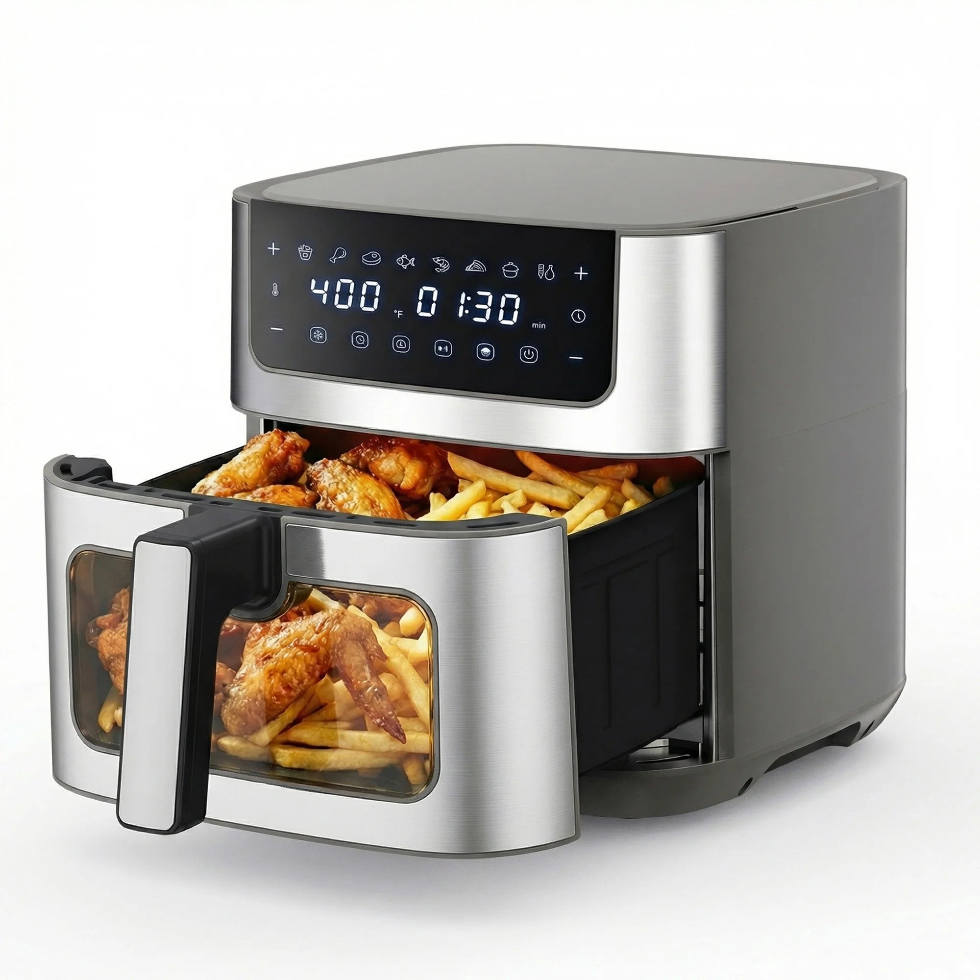 EDX 6QT Stainless Steel Air Fryer with Digital Touchscreen, 1500W, 8 Presets, Dishwasher Safe Basket, 90 Min Timer, 24H Delay Start