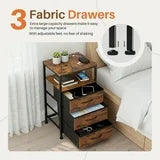 edx 3 Fabric Drawers Nightstand with Charging Station & USB/Type-C Ports and Outlets, Variable Light Strip Bedside End Table with Adjustable Feet for Bedroom, Rust Brown