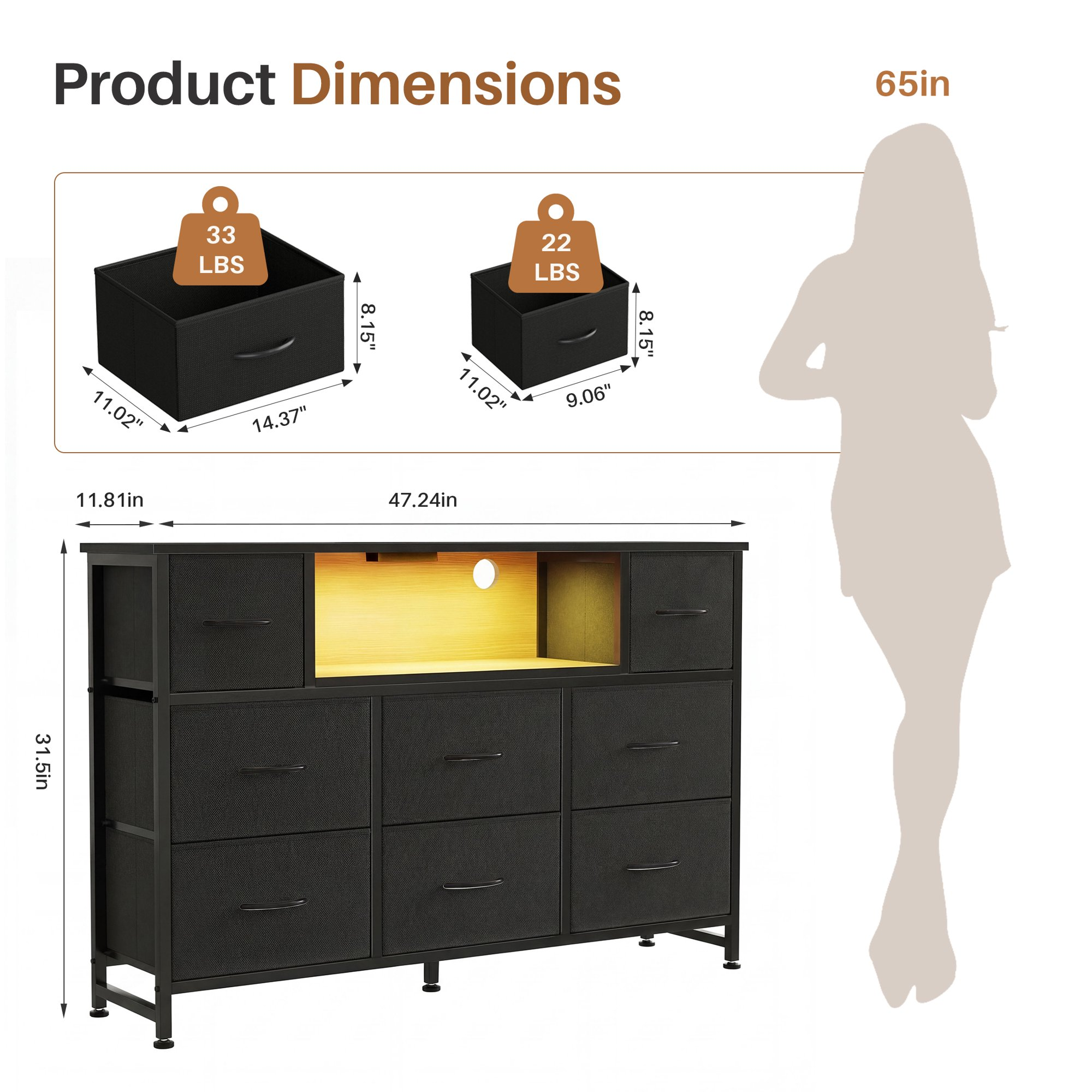 edx TV Stand with 8 Fabric Drawers, Open Shelves & LED & Power Outlets for Bedroom, Living Room, Entryway, Wood Top