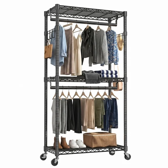 edx Clothes Rack, Heavy-Duty Garment Rack with Shelves & Wheels, Freestanding Wardrobe Organizer with Hooks, Ideal for Bedroom, Laundry, or Balcony