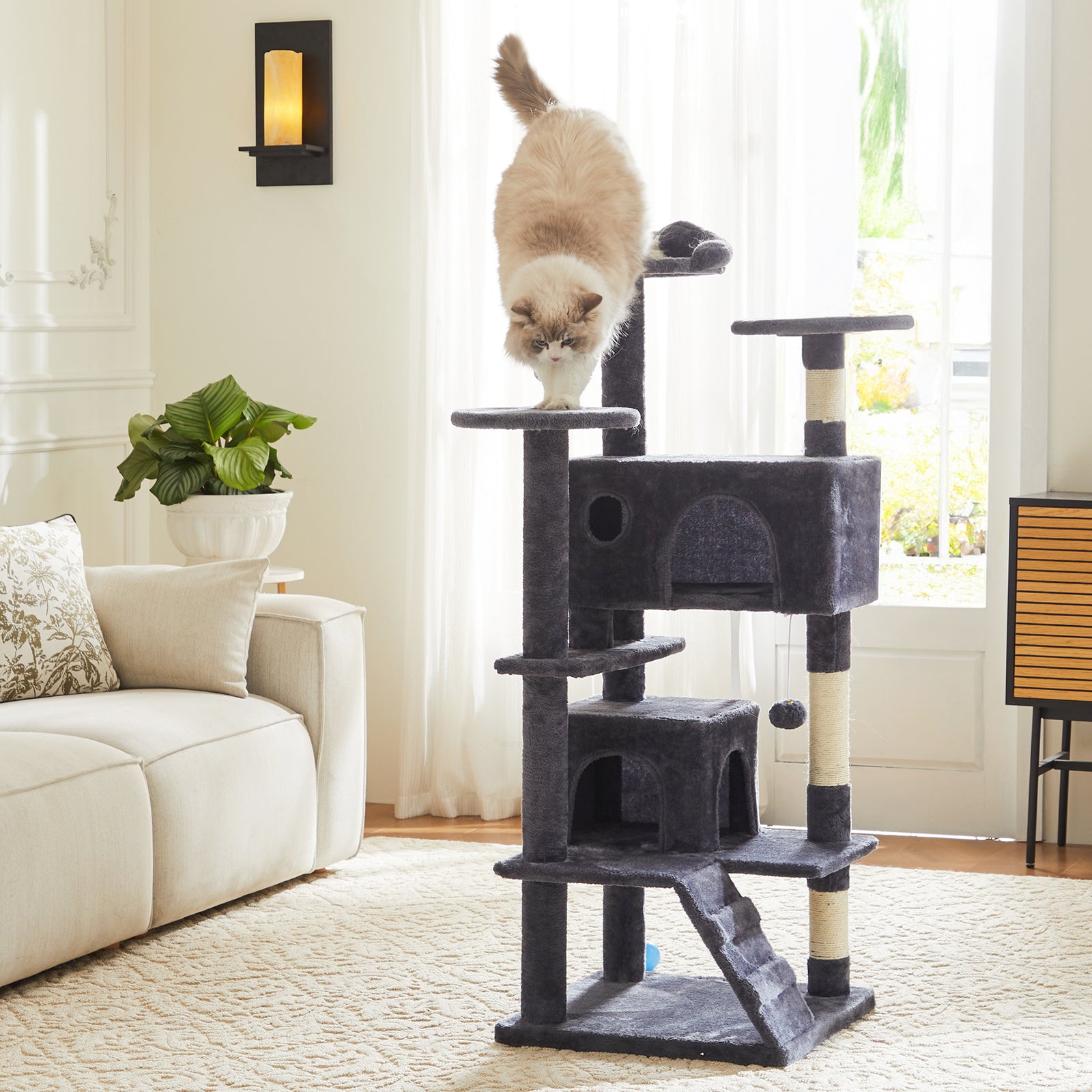 edx 54'' Cat Tree Tower for Indoor Cats, Multi-Level Pet Furniture with Sisal Scratching Post, Large Cozy Condo, Climbing Ramp, Kitten Toy, Dark Grey