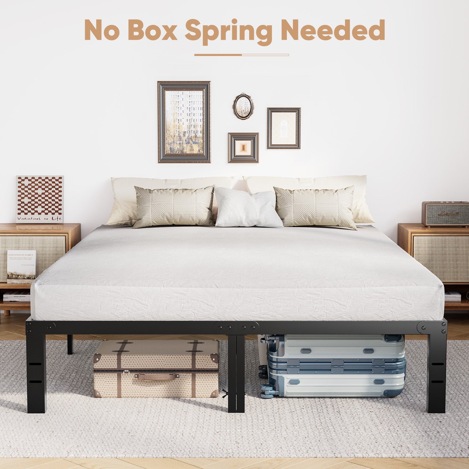 Bed Frame, Heavy Duty Metal Bed Frame with Underbed Storage, No Box Spring Required