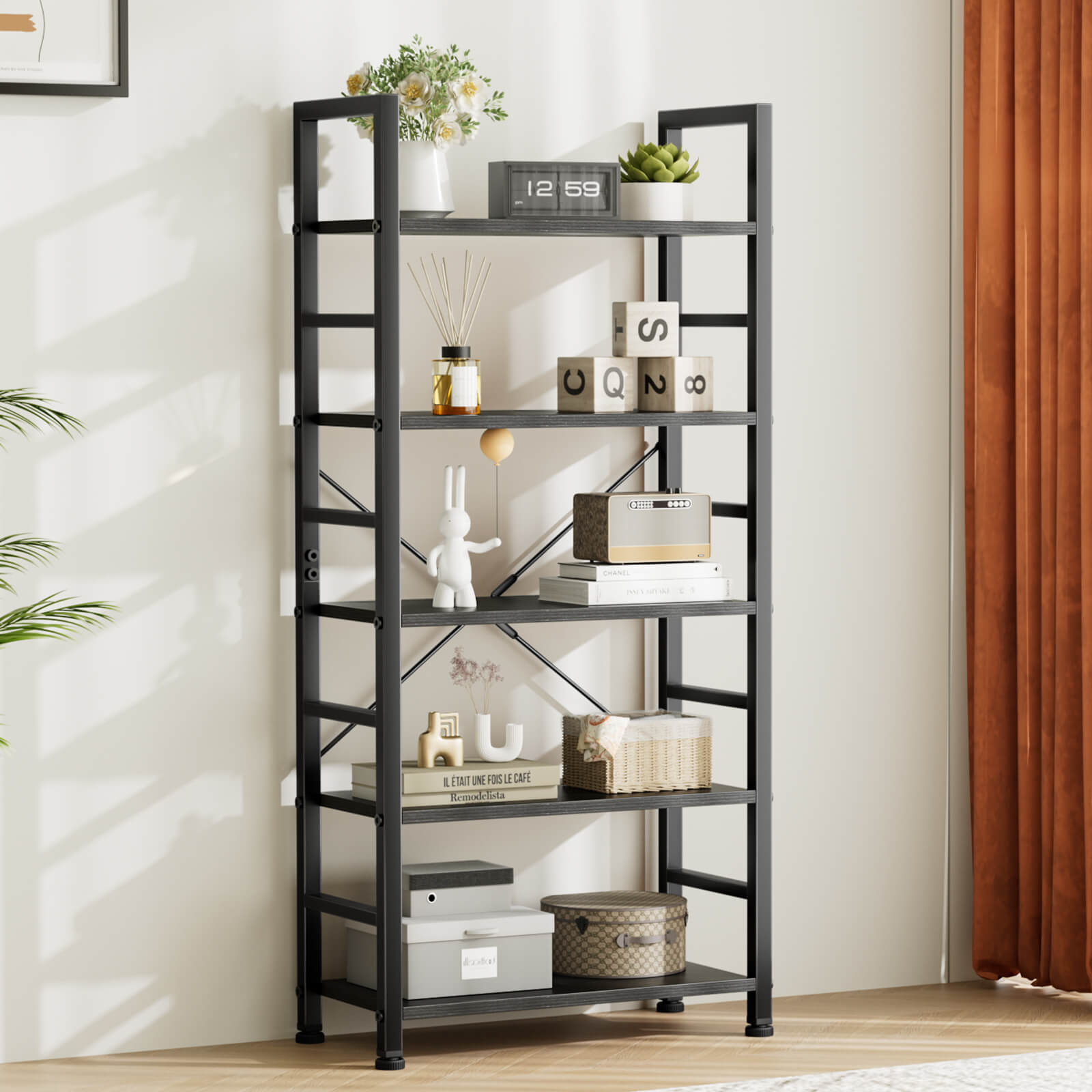 5-Tier Bookcase - Tall Bookshelf Modern Book Case for Books, Garage Kit, CDs, Movies, for Bedroom Home Office Kitchen Living Room