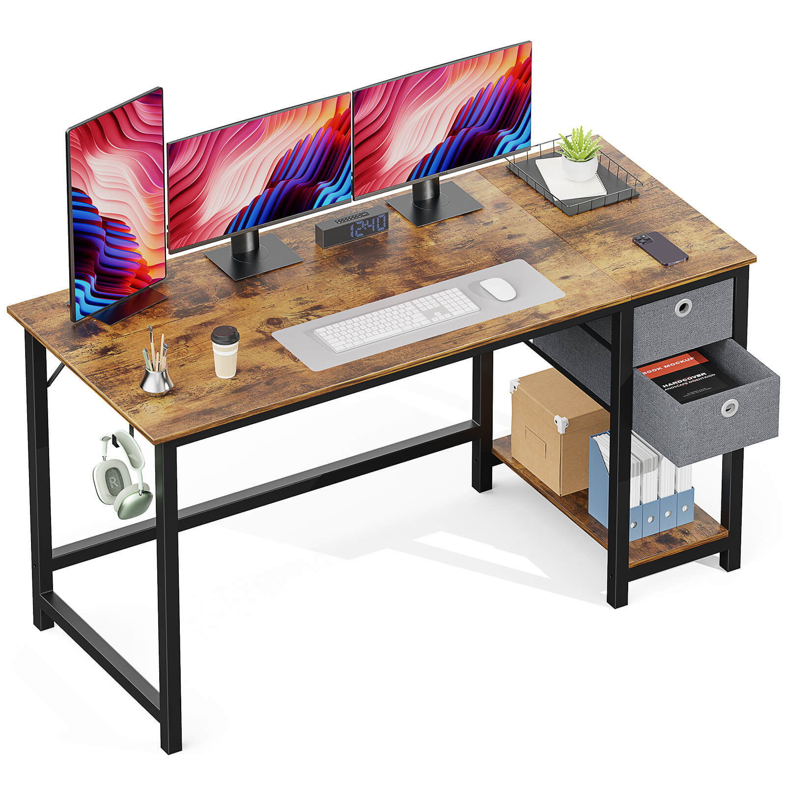edx Computer Desk -40/47/55 inch Desk Study Desk with 2 Drawer Storage Shelf Headphone Hook for Bedroom, Game Room, Office, Living Room