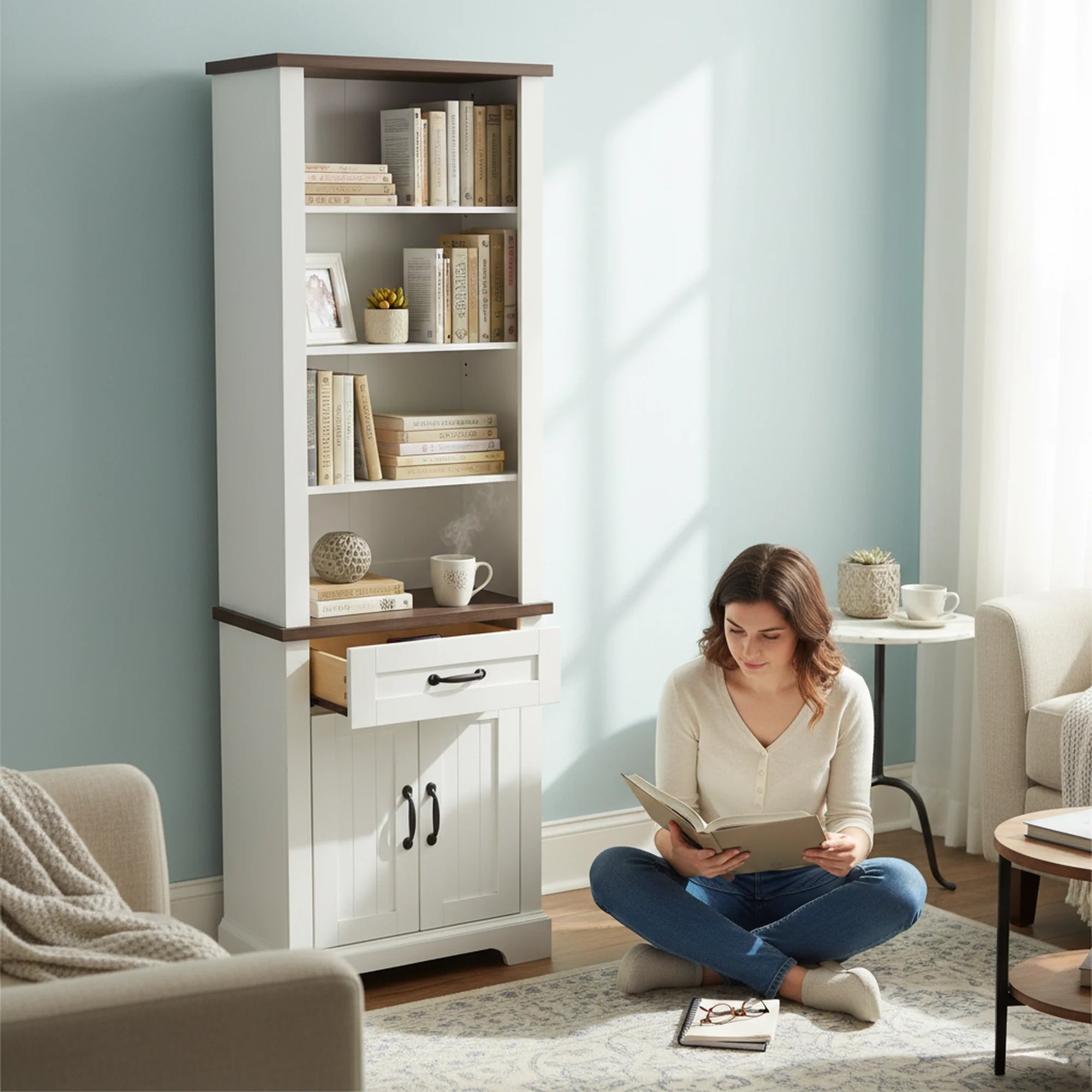 EDX 72" Wood Bookshelf with 2 File Drawers, Adjustable 4 Shelves for Home Office or Living Room Storage , White