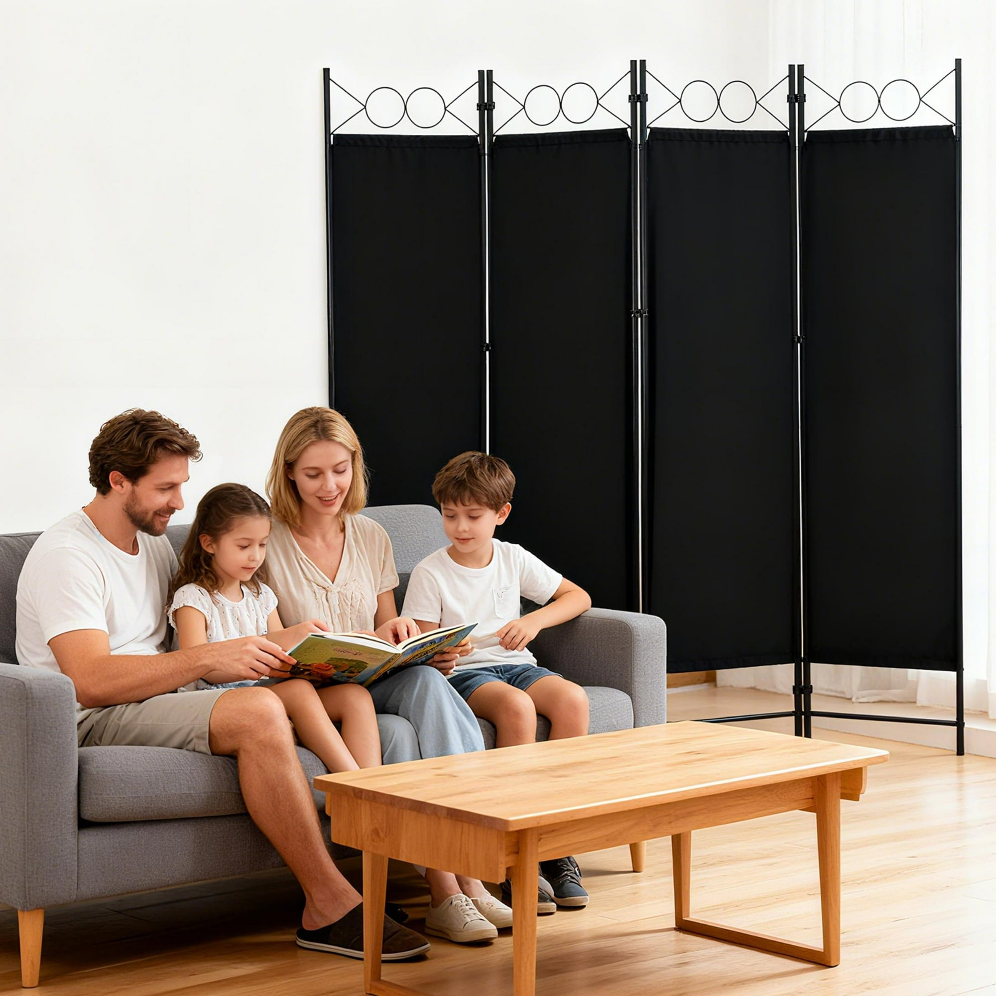 EDX 4 Panel Partition Room Divider, 6 Ft Tall Folding Privacy Screen with Steel Frame, Freestanding, Easy Move & Storage, For Home, Office, Bedroom, Black