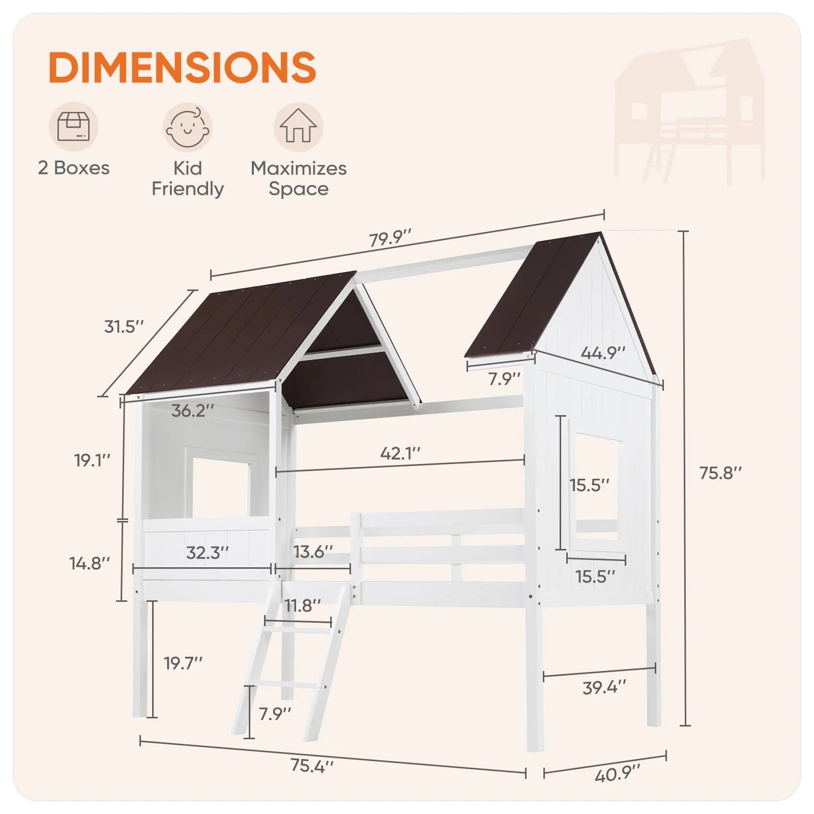 EDX Twin Size High-legged Wood House Bed with Roof,Ladder,for Bedroom, White
