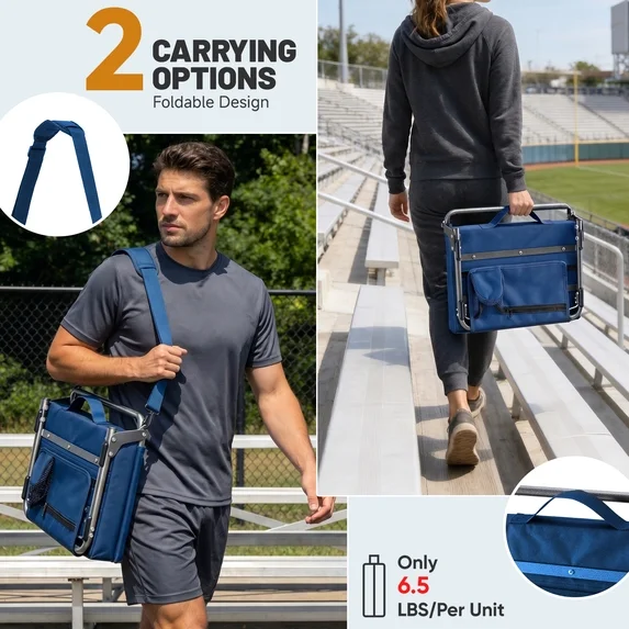 Edx Stadium seats, with cushioned steps, back support, portable, dimensions of 17 inches wide x 12 inches deep x 16 inches high