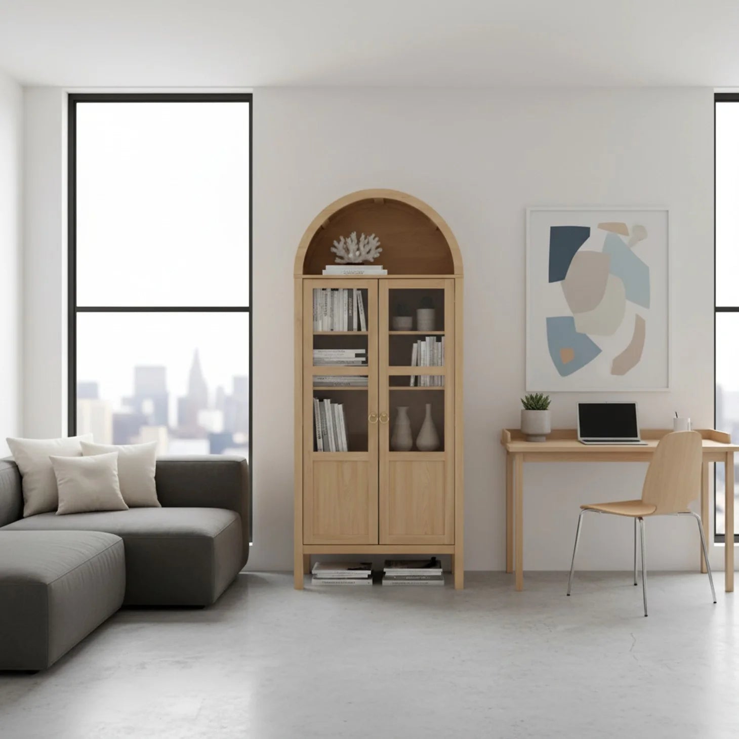 EDX 71" Wood Tall Storage Display Cabinet with Rounded Arched Top in Oak, 2 Doors