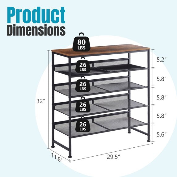 edx 5-Tier Metal Shoe Rack Organizer for Entryway, 16-20 Pairs Shoe Storage Shelf, Black with Wooden Top