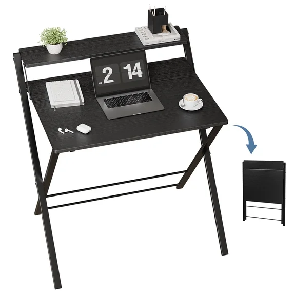 EDX Small Folding Desk with Shelf, No Assembly Compact Computer Table for Narrow Spaces, Portable Study Workspace for Bedroom and Office