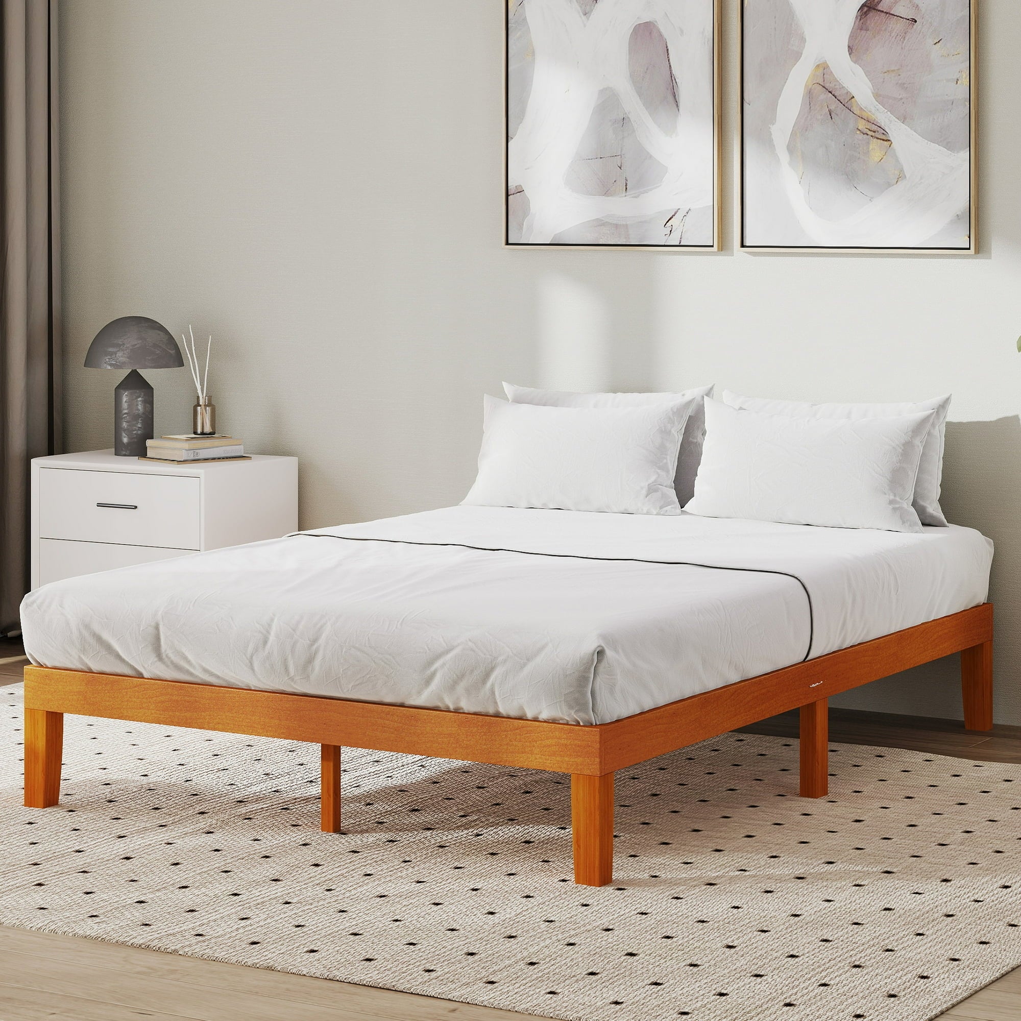 ZUNMOS 12 IN Size Solid Wood Bed Frame with Wood Slat Support, Sturdy, No Box Spring Needed, Natural Pine