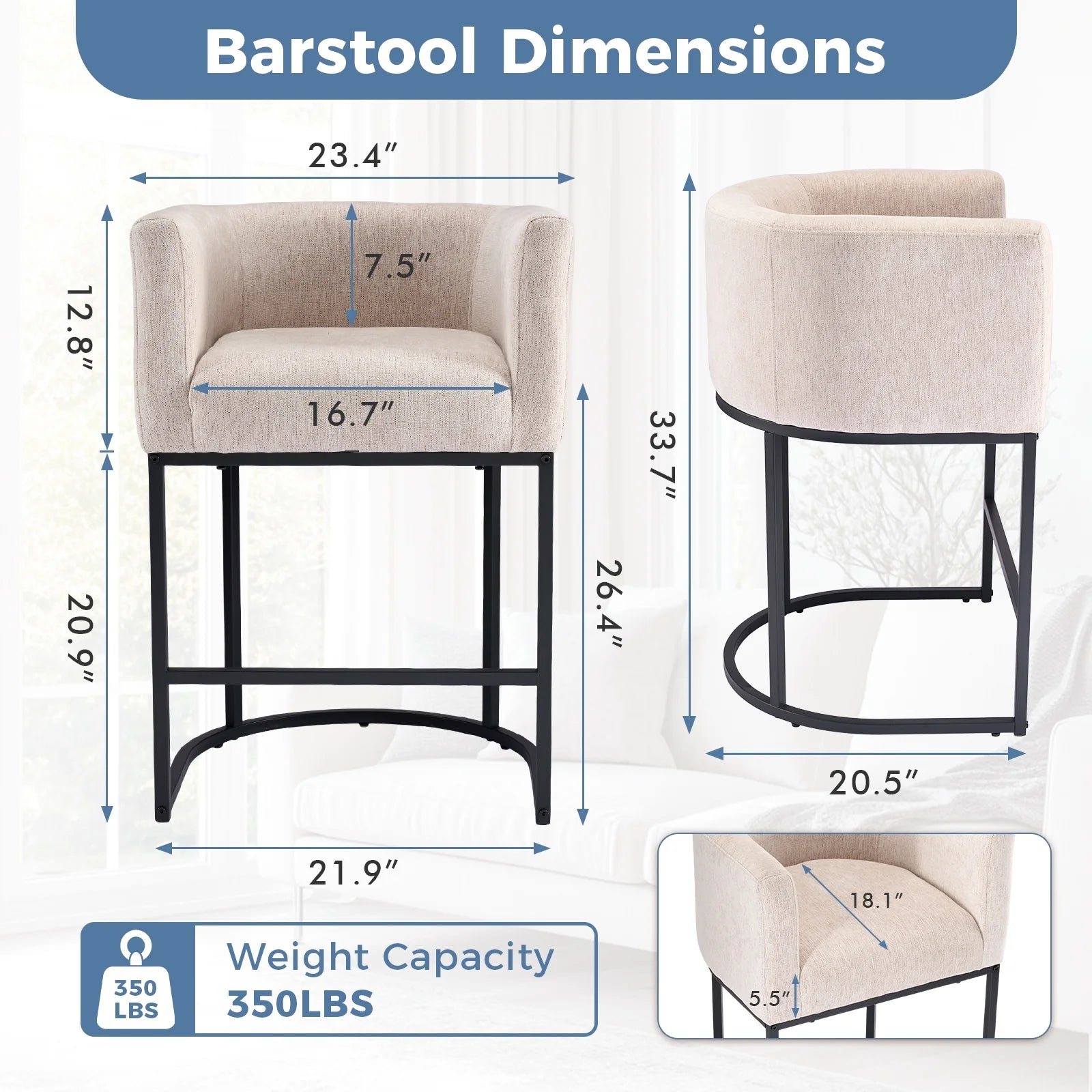 EDX Barrel Bar Stool, Modern Counter Height Barstools with Linen Fabric Upholstered Seat, 350lbs Capacity Kitchen Island Chair, Bar Stools with Metal Sled Base and Footrest for Living Room