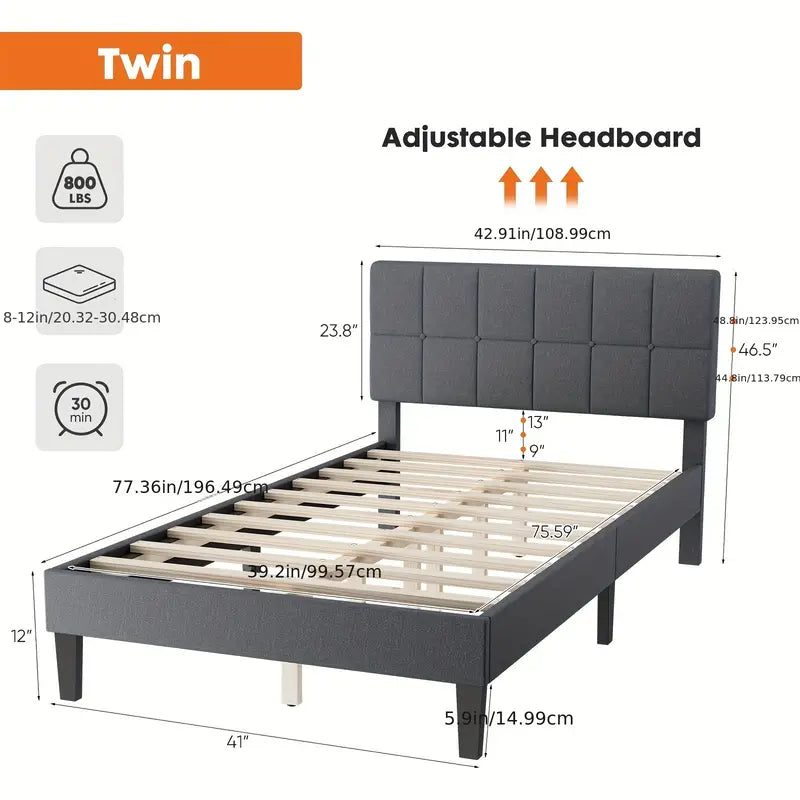 edx Platform Bed Frame with Headboard-No Box Spring Needed, Linen Upholstered Bed Frame with Wood Slats Support, Noise Free