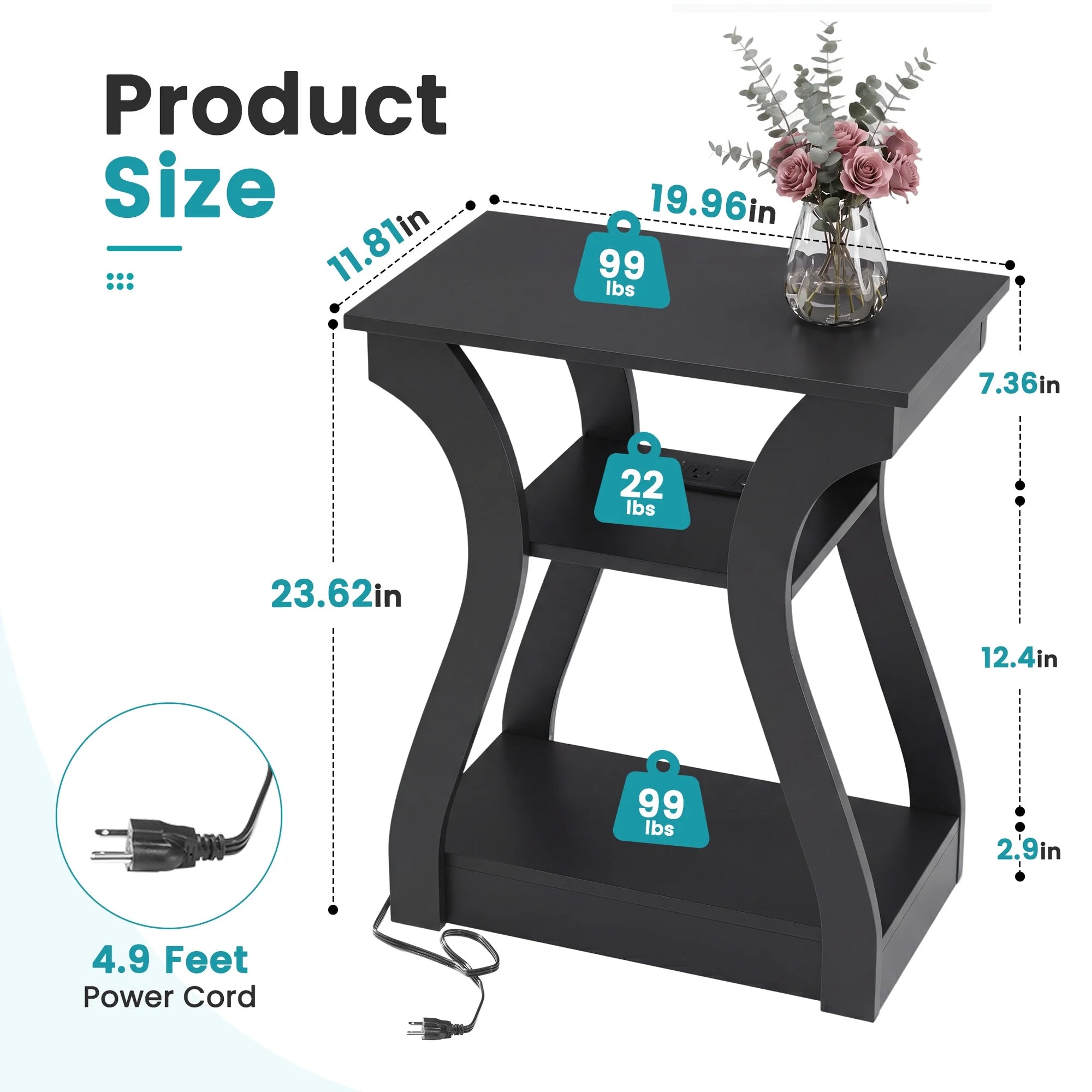 edx End Table with Charging Station, 3-Tier Nightstand with USB, Type-C & Outlets, Wood Side Table for Small Spaces