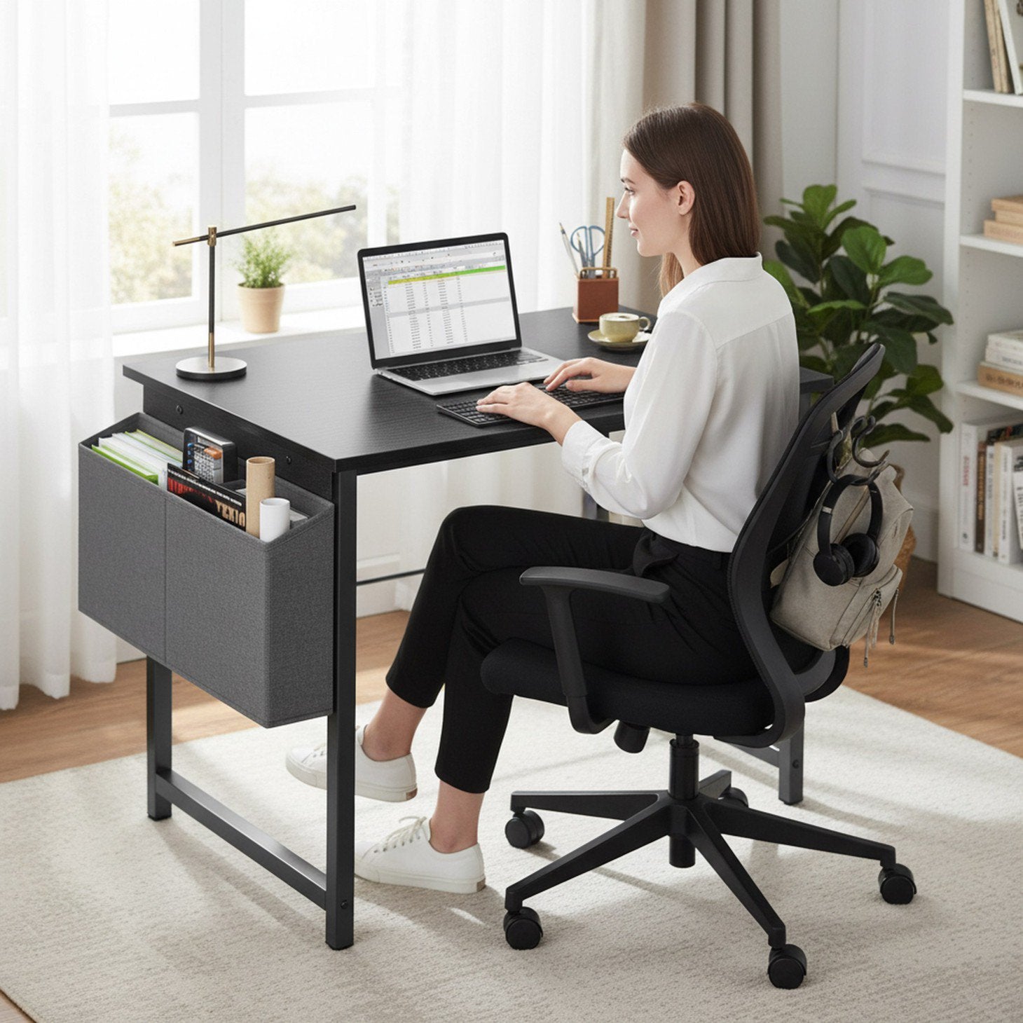 edx Home Office Desk, Computer Desk with Storage Bag & Hook, Waterproof Top & Metal Frame, Modern Simple Study Writing Table for Bedroom
