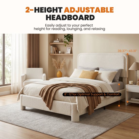 edx Platform Bed Frame with 2-Height Adjustable Teddy Fleece Upholstered Headboard and Wooden Slats Support, No Box Spring Needed, Easy Assembly, Modern Bedroom Furniture, Beige