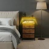 edx 3 Fabric Drawers Nightstand with Charging Station & USB/Type-C Ports and Outlets, Variable Light Strip Bedside End Table with Adjustable Feet for Bedroom, Rust Brown